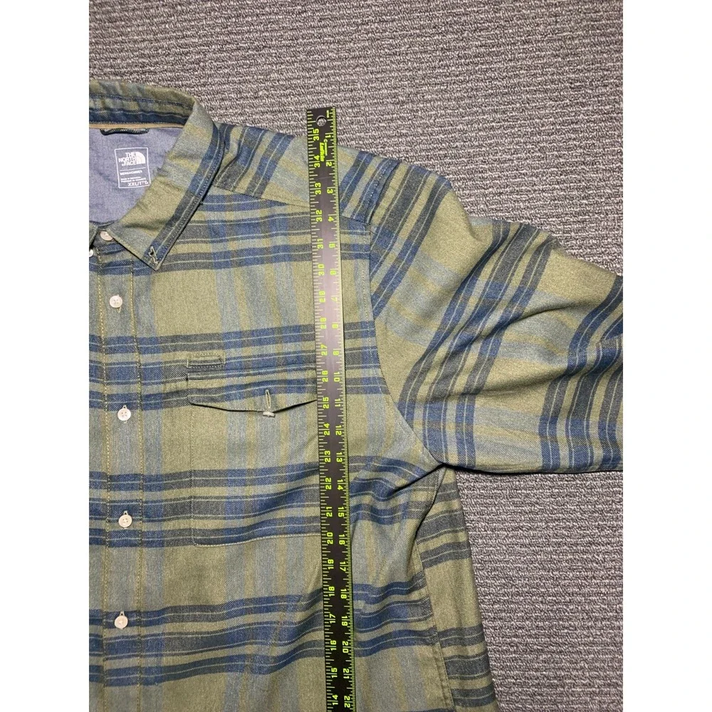 Men North Face Green Long Sleeve Approach Flannel Button Stripe Shirt XXL